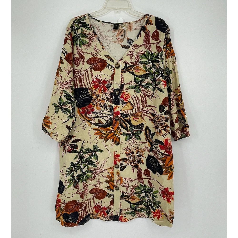 Emery Rose Women's Beige Tropical Floral Button Front Tunic Top Plus Size 4XL